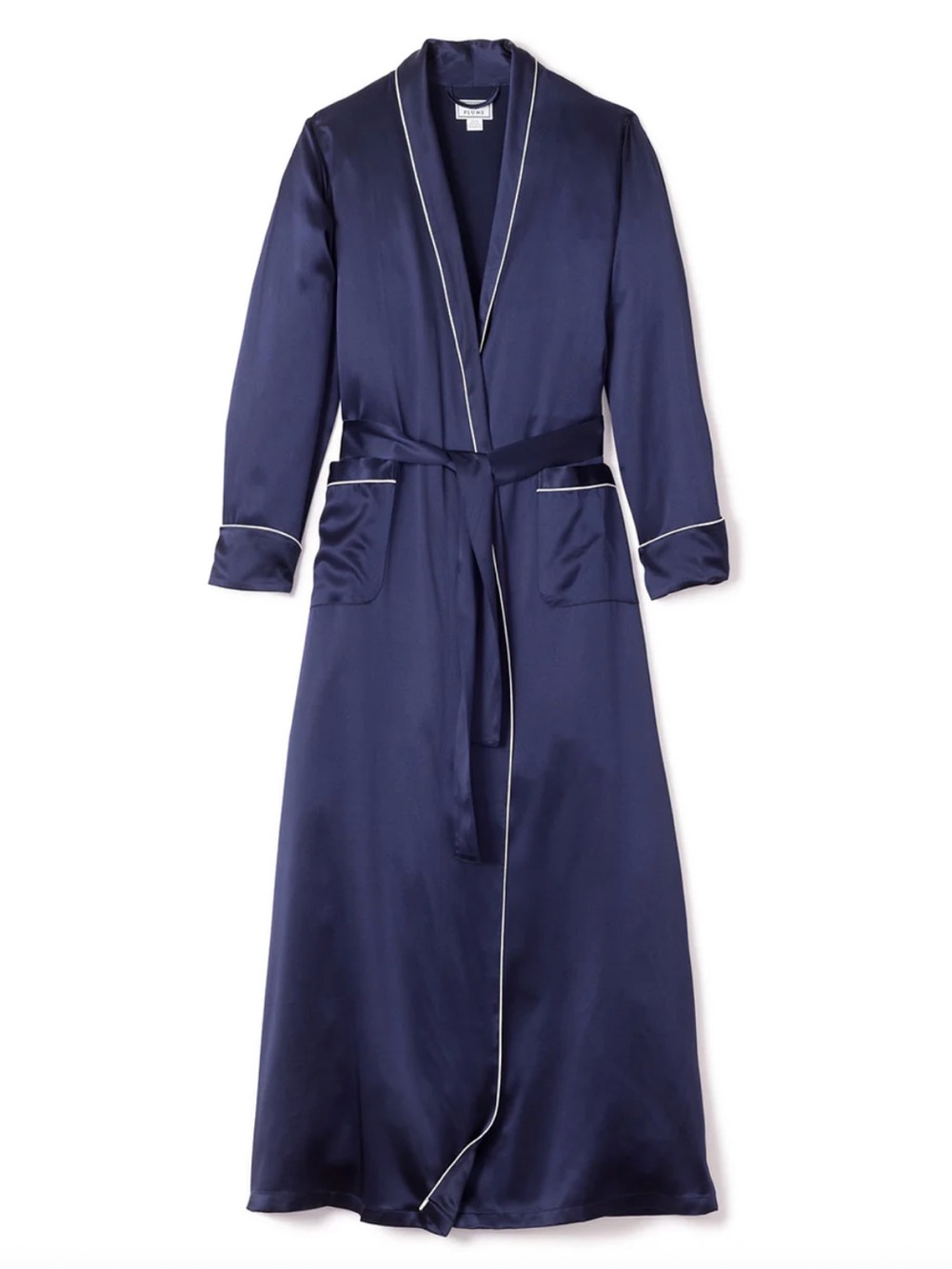 Silk Navy Long Robe with Contrast Piping